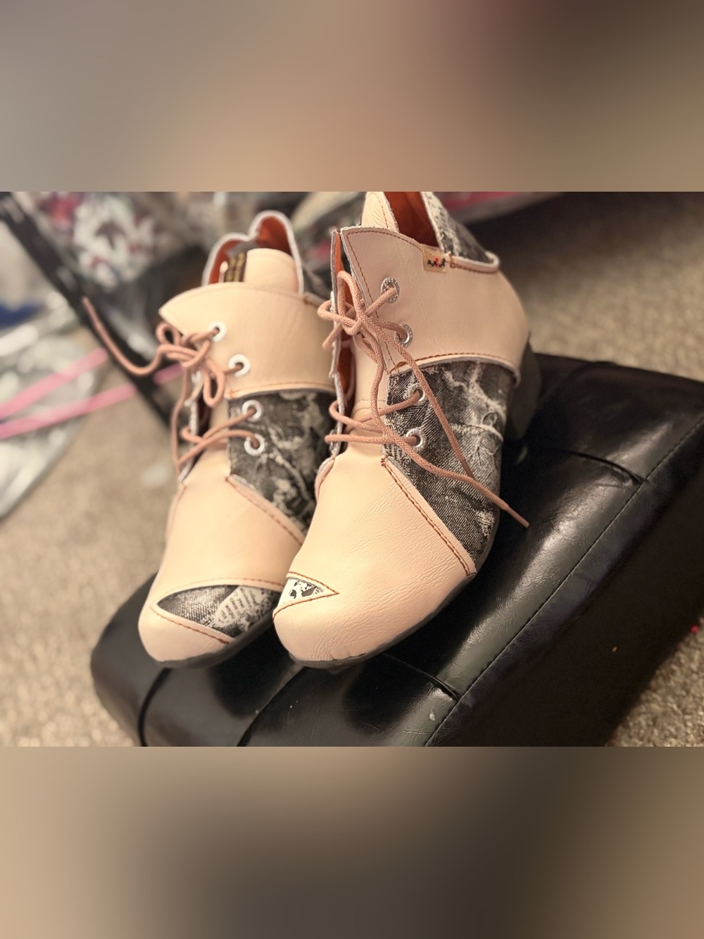 Vintage Lace-Up Ankle Boots in Blush Pink and Gray